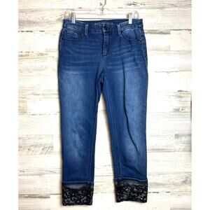 Chico’s Women’s S So Slimming Blue Denim Ankle Jeans Black Lace Sequin Cuff Zip